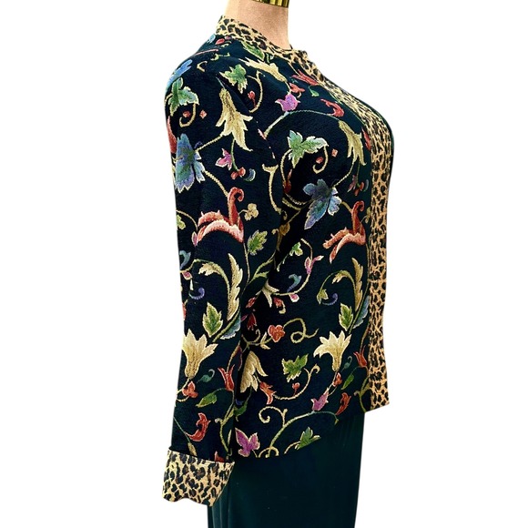VTG Dark Floral Tapestry Jacket Sz L Fall Leaves Leopard Animal Print White Stag - Picture 7 of 14